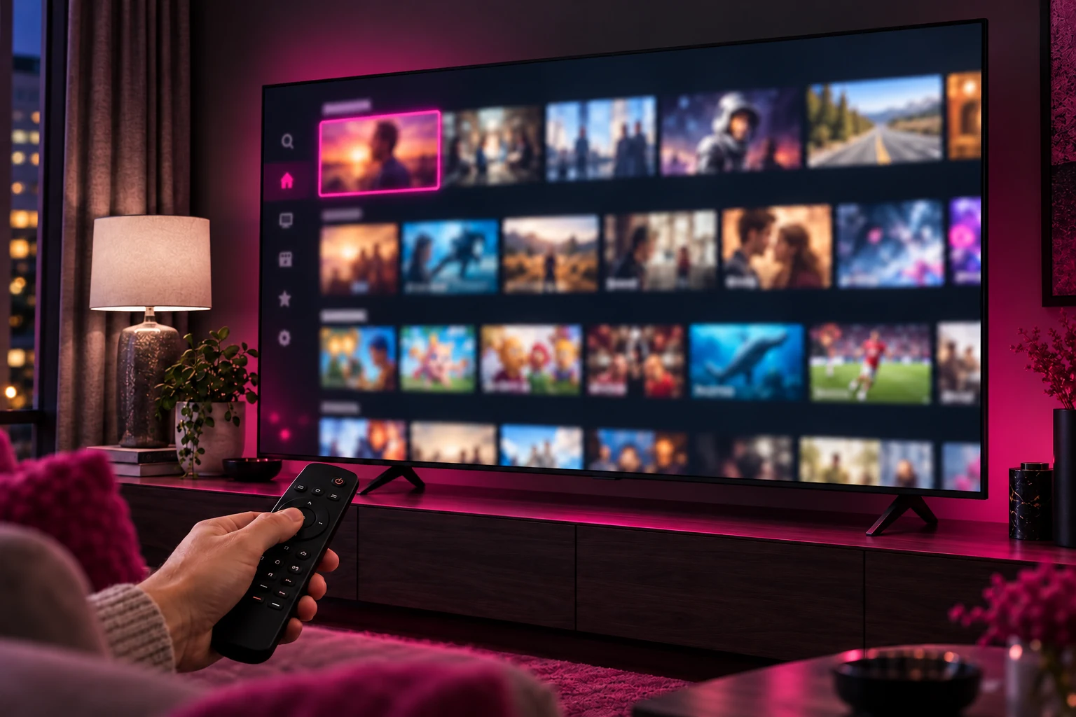 Televisión con un menú de contenidos difuminado y una mano eligiendo con el mando, en un salón con iluminación fucsia